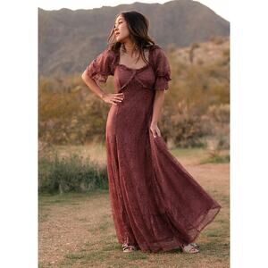Joyfolie Sz Large Boutique Julietta Dress in Mahogany Deep Red Lace Puff Sleeve